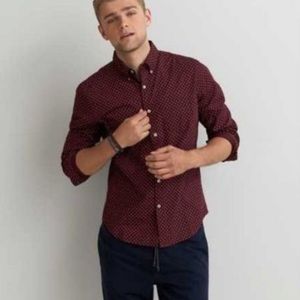 American Eagle Burgundy Polka Dot Button Down